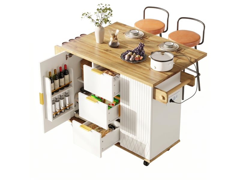  Desserte mobile 134x4674x88 cm avec 2 tabourets et prise électrique blanche  - Conforama A