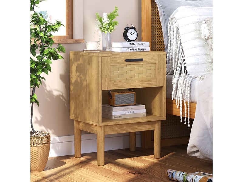  Lot de 2 tables de chevet en effet chêne et cannage - 40x30x55 cm - 1 tiroir et 1 niche ouverte - style bohème et naturel  - Conforama D