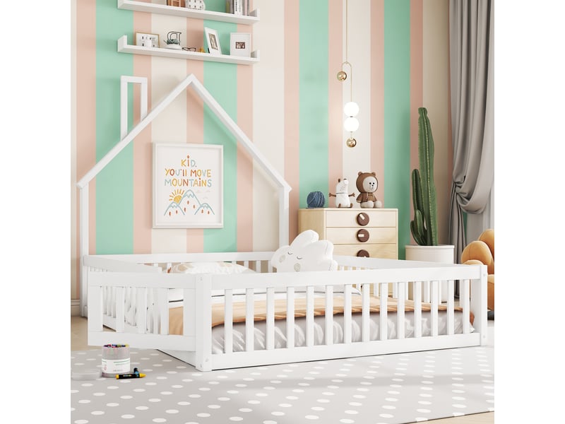  Lit enfant 140 × 200 cm 2 places avec barrières de sécurité et forme cheminée, sans matelas, en pin, blanc  - Conforama C