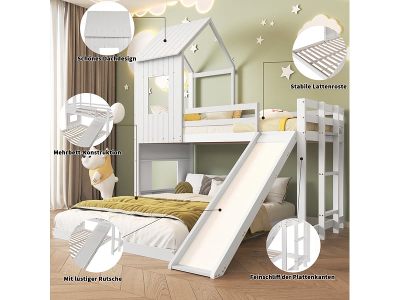  Lit superposé enfant 90x200 et 140x200 cm – blanc – toboggan, toit et escalier 3 marches - sans matelas  - Conforama E