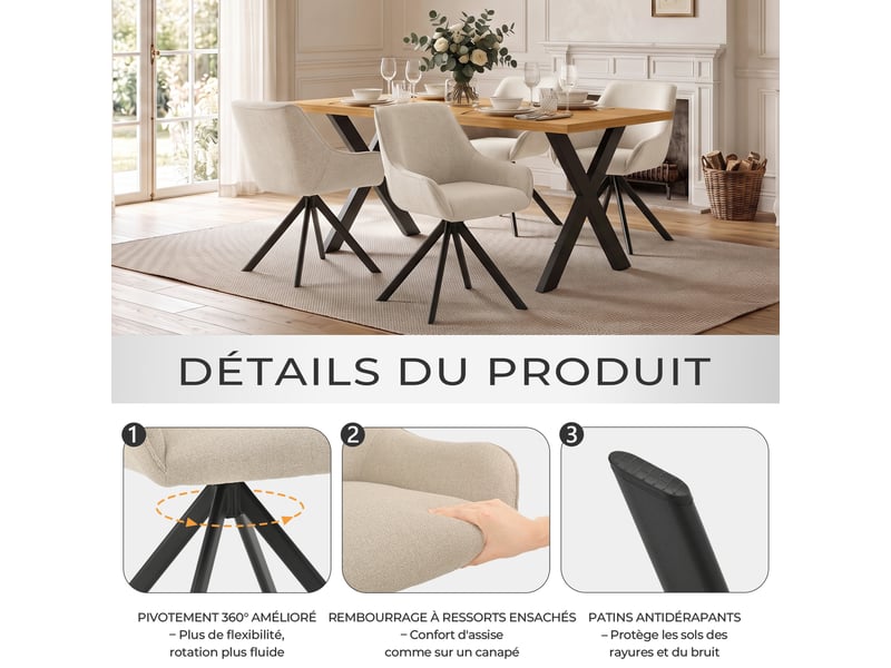  Ensemble table et 4 chaises - table rectangulaire 160x80 cm monobloc en chêne sauvage et pieds métal, 4 chaises en tissu beige et pieds métal  - Conforama R