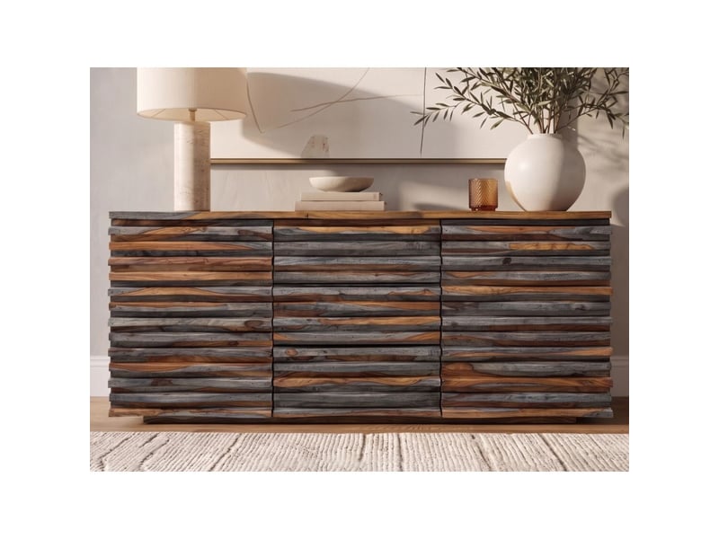  Buffet savana 160 cm en bois massif de sheesham fumé gris – 2 portes, 3 tiroirs et façades sculptées  - Conforama D