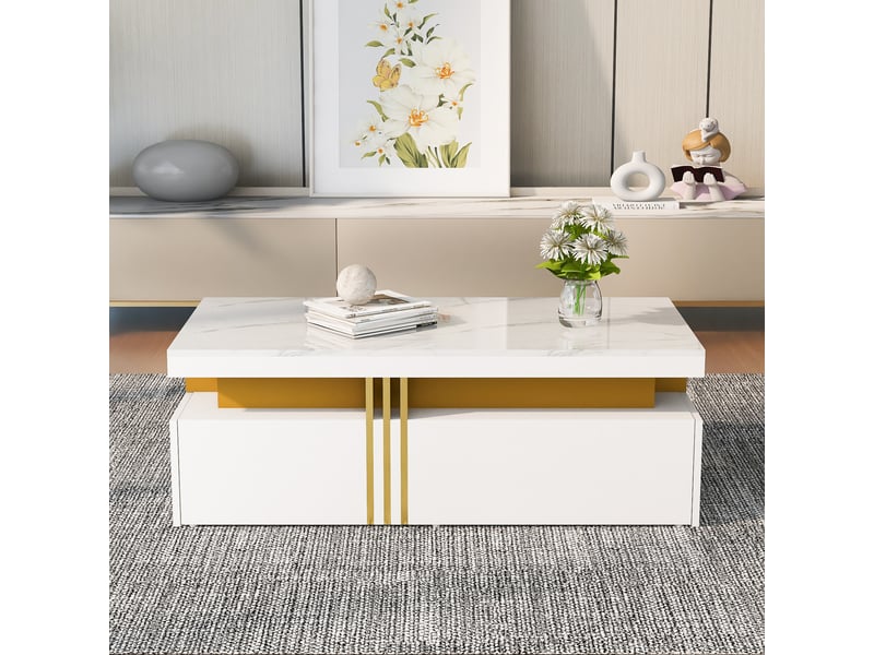  Table basse rectangulaire blanche brillante avec 2 tiroirs, plateau effet marbre, table de salon moderne 100x50x40 cm  - Conforama E