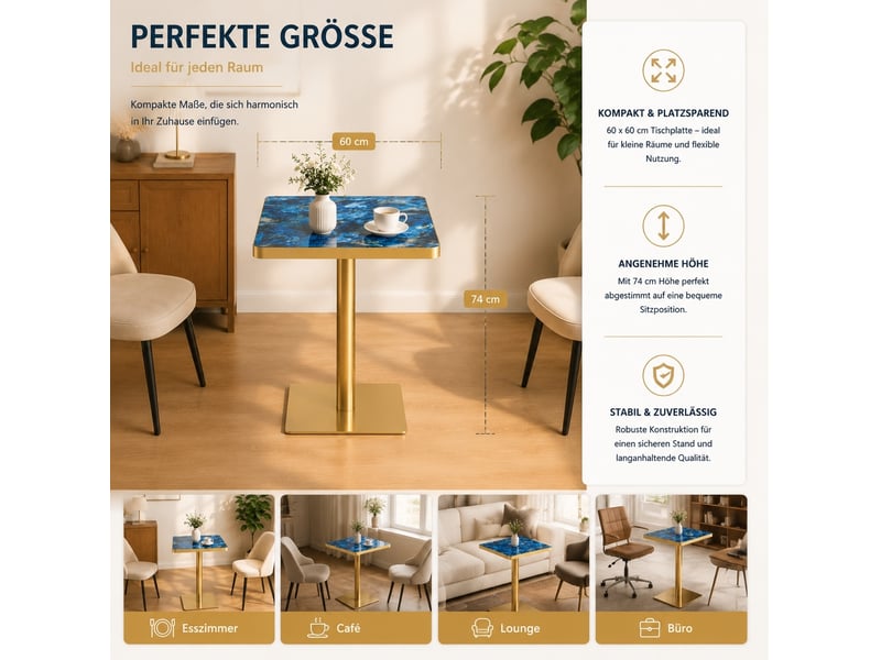  Table de salle à manger carrée pour 2 à 4 personnes, effet marbre et bord doré, en mdf et métal, bleu, 60 × 60 × 74 cm  - Conforama E
