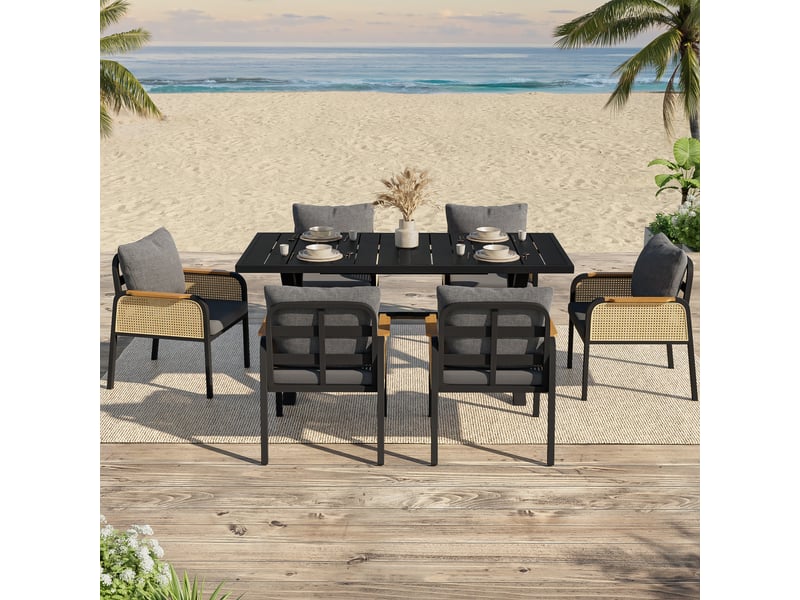  Ensemble de meubles de jardin moderne - 1 table et 6 chaises - cadre en fer - accoudoirs en rotin Noir , Naturel - Conforama C