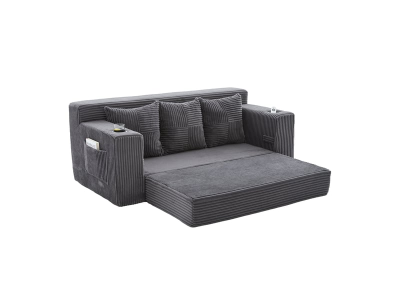  Canapé 3 places en velours côtelé, sans montage, design modulaire, porte-gobelets, rangements latéraux, 172×87×64 cm  - Conforama A