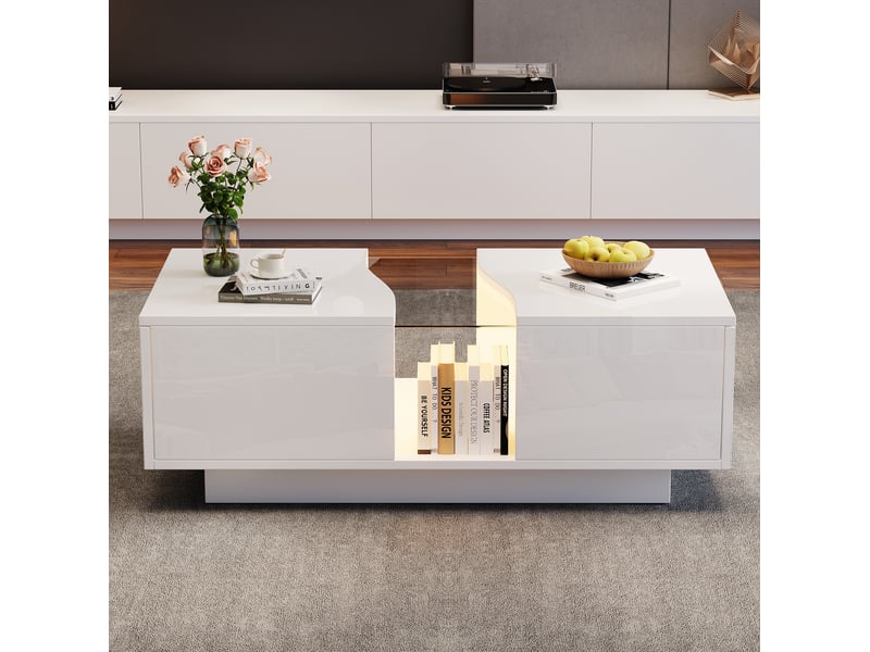  Table basse moderne 100x50x35 cm avec 2 tiroirs, rangement et led, plateau en acrylique, pour salon, mdf blanc laqué  - Conforama B