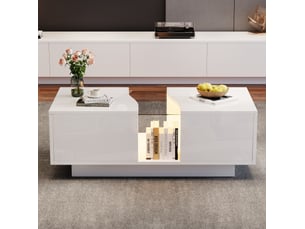 Table basse moderne 100x50x35 cm avec 2 tiroirs, rangement et led, plateau en acrylique, pour salon, mdf blanc laqué