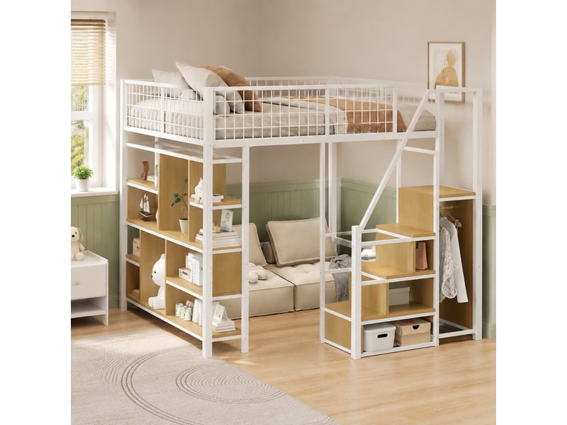  Lit mezzanine 140x200 cm avec escalier et rangements coloris blanc  - Conforama B