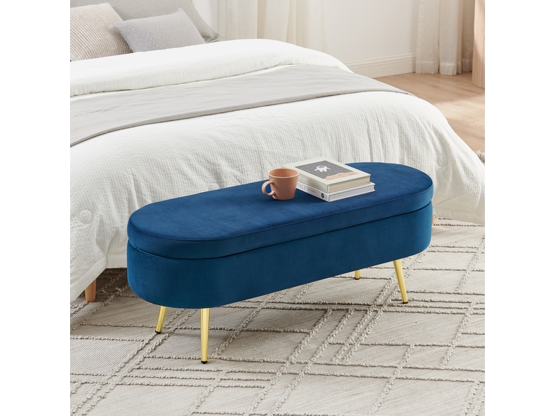  Banc de rangement 110 x 40 x 42 cm bleu foncé en velours, coffre 20 l, pieds métal doré pour chambre  - Conforama B