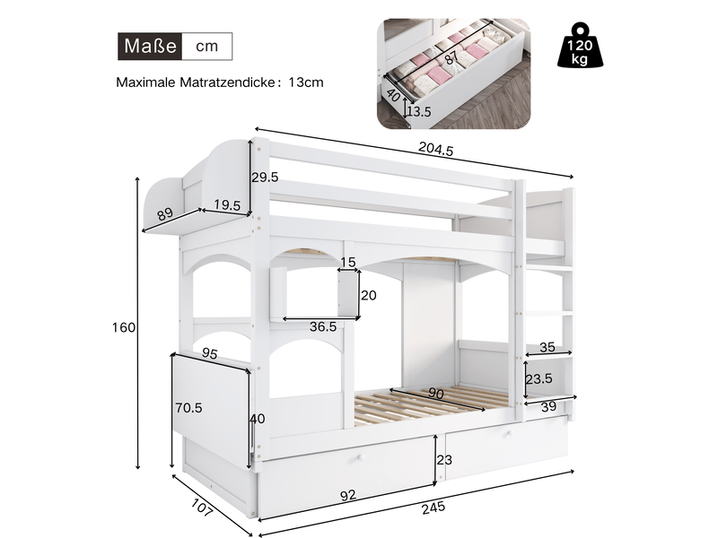 Modenvie lit superpose enfant 90x200 cm - avec bureau rabattable et rangements, sans matelas - blanc  - Conforama C