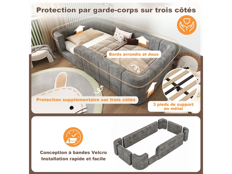  Lit au sol 90x200 cm enfant, capitonné en chenille, cadre de protection et entrée, sommier inclus, gris  - Conforama D