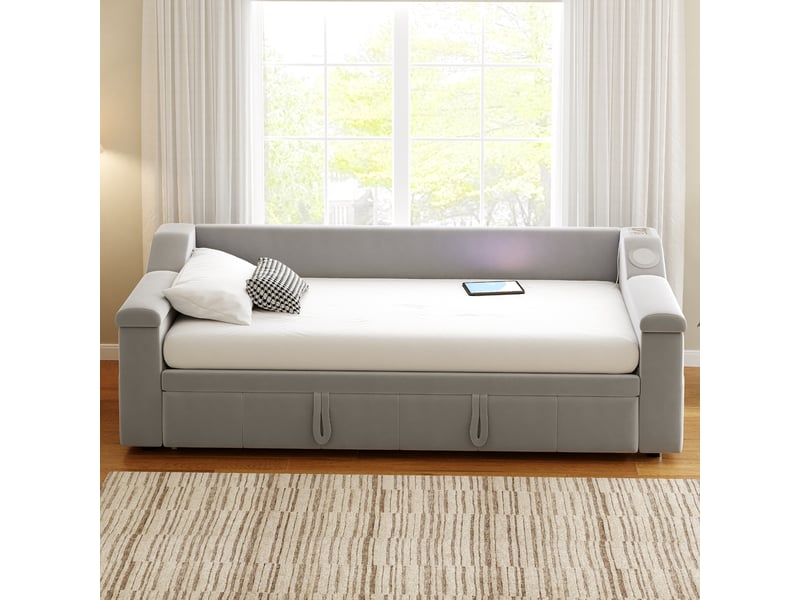  Lit banquette extensible 90180x190 cm avec bluetooth, usb, rangements et velours gris clair  - Conforama B