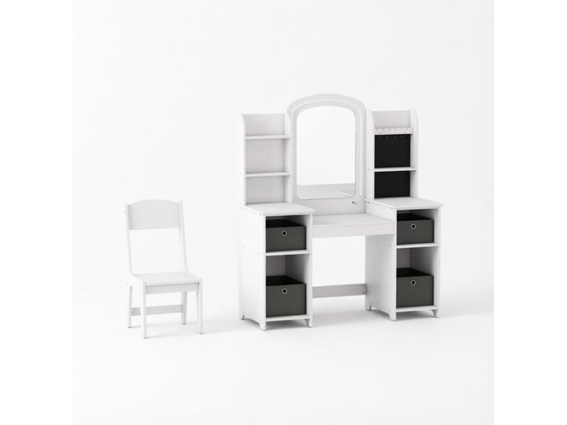 Coiffeuse enfant blanche en mdf avec miroir led et chaise, dès 3 ans, pour jeux créatifs et rangement - Conforama A