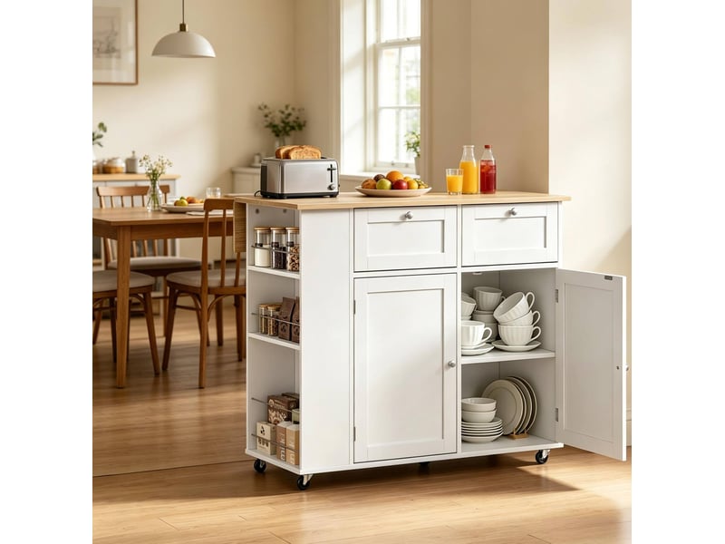 Desserte de cuisine 101 x 62 x 86 cm blanche et chêne clair, panneaux de particules, plateau rabattable mobile - Conforama D