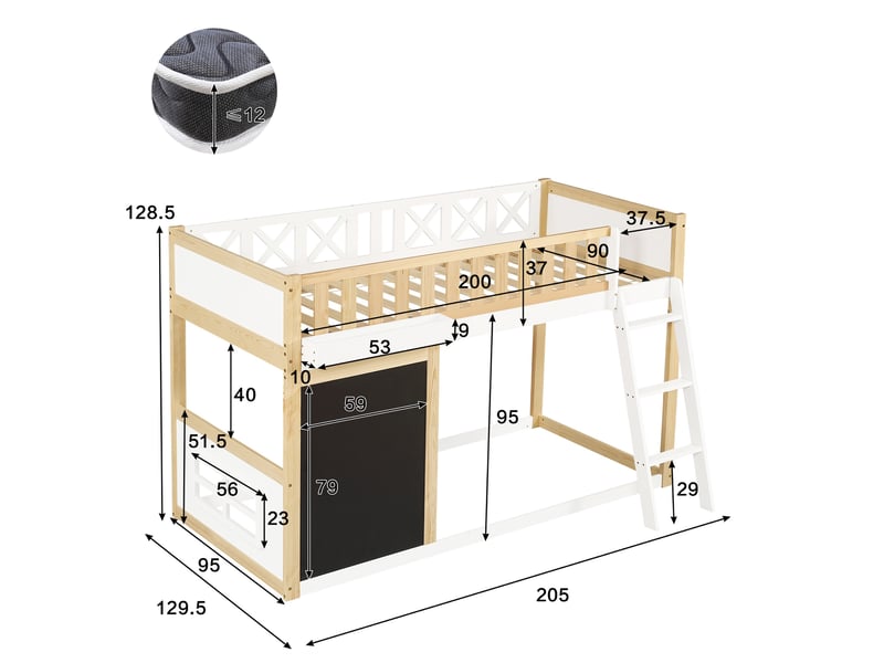 Lit mezzanine 90x200cm, lit enfant surélevé avec ardoise de jeu et bac de rangement, bois de pino massif et mdf gain de place, blanc et naturel - Conforama E
