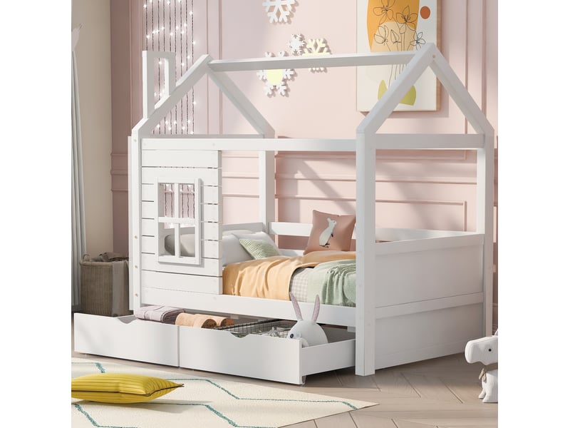  Lit cabane enfant 80 x 160 cm blanc en bois de pin avec tiroirs et sommier à lattes  - Conforama D