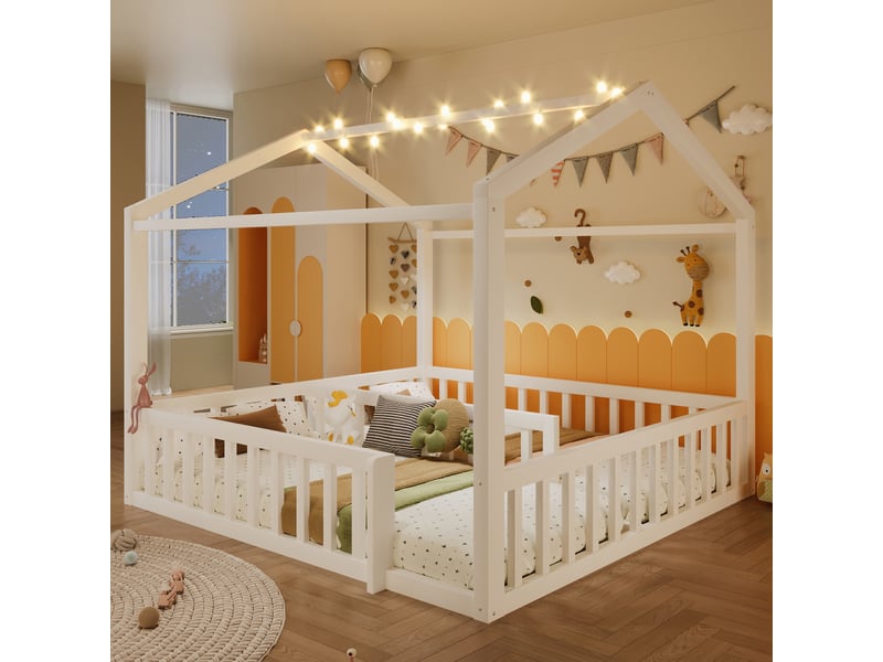 Lit cabane enfant modulable, 2 couchages 90 x 190 cm réunissables, barrières et led, pin et mdf - blanc Fay Lum - Conforama B
