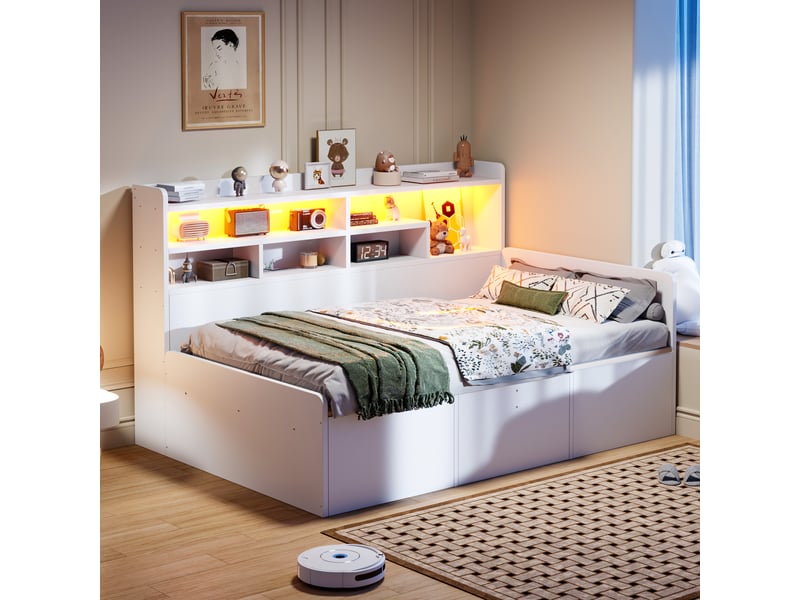  Lit banquette coffre 90x200 cm, banquette-lit, ouverture hydraulique, tête de lit avec rangement, éclairage led, espace inférieur modulable, mdf blanc OPULERANE TRADING LTD - Conforama D