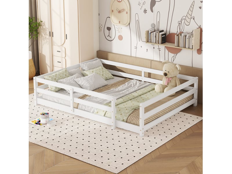  Lit enfant montessori 140x200 cm, lit bas avec barrière de sécurité, lit double avec sommier, bois, blanc sans matelas  - Conforama D