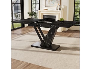 Table à manger extensible 120160x75 cm, 4-6 personnes, rallonge intégrée, plateau effet marbre, pieds métal - noir