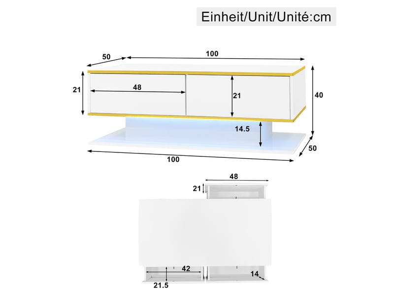  Table basse led blanche et dorée 100 x 50 x 40 cm, 3 tiroirs et rangement ouvert  - Conforama C