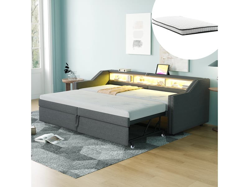  Lit banquette 1 place 90×200 cm et 180×200 cm, led et usb - okmyhome- 3 étagères, 2 matelas inclus  - Conforama B