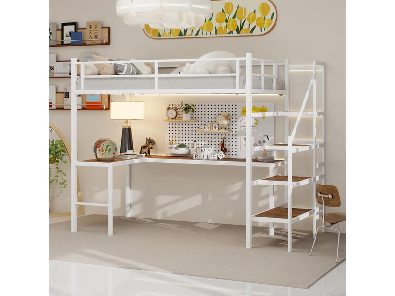 Lit mezzanine en l avec bureau intégré, grands espaces de rangement, garde-corps intégré, structure robuste  - Conforama B