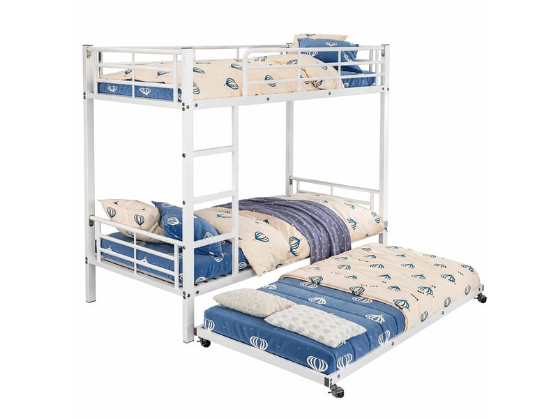 Lit superposé 3 places avec lit gigogne, 4 barrières et échelle, 90x200 cm et 90x190 cm, sans matelas, blanc - Conforama A