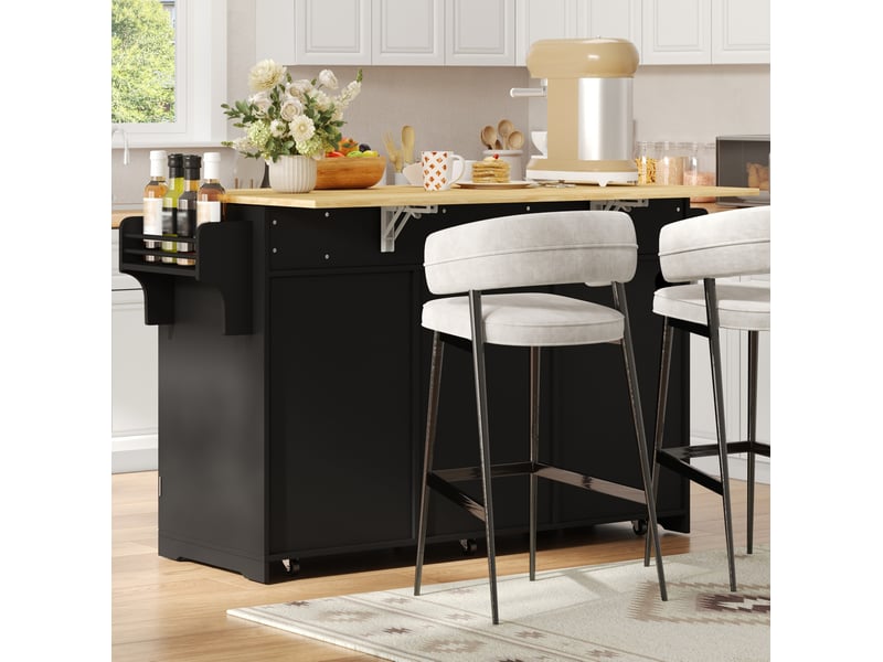  Îlot de cuisine mobile 136 x 75 x 92 cm, plateau rabattable, noir et naturel  - Conforama E