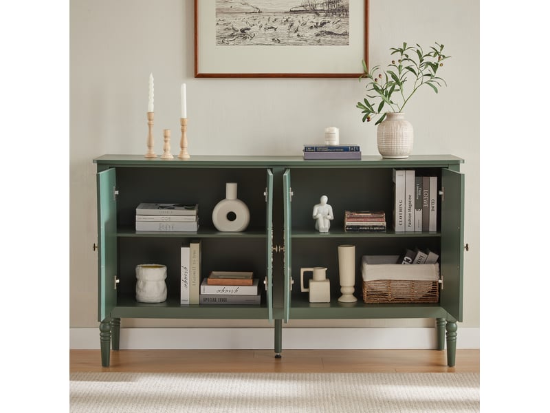 Buffet et enfilade 4 portes à relief sculpté, poignées métal et coins arrondis pour salle à manger en vert vintage - Conforama D