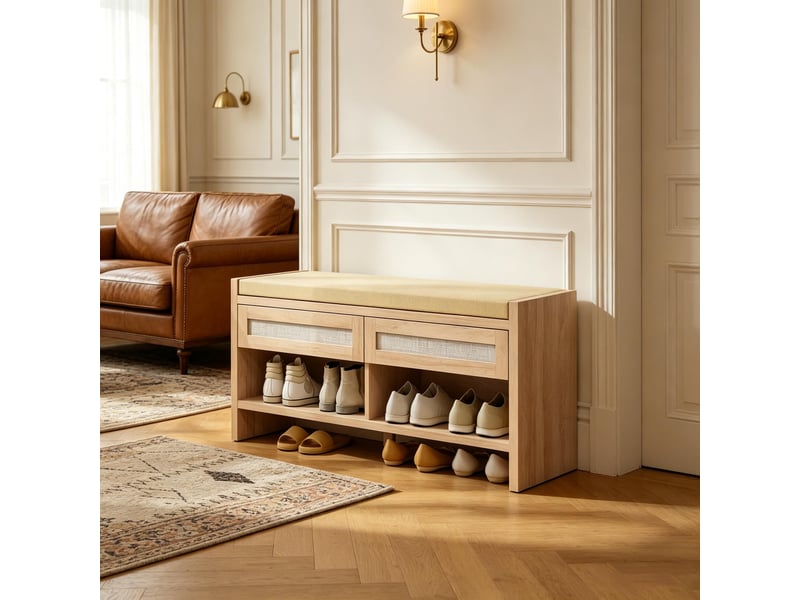  Banc à chaussures beige avec rangement, assise lin, portes rotin, étagère ouverte, entrée  - Conforama E
