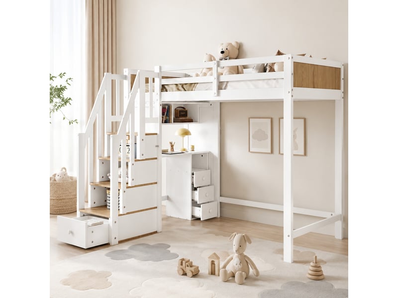 Lit mezzanine enfant 90x200 cm avec bureau et rangements, blanc et naturel - Conforama D