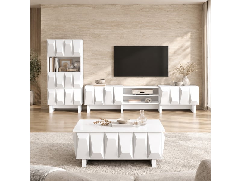 Meuble tv, vitrine et table basse avec rangements et niches ouvertes pour salon en panneaux de particules blanc - Conforama C