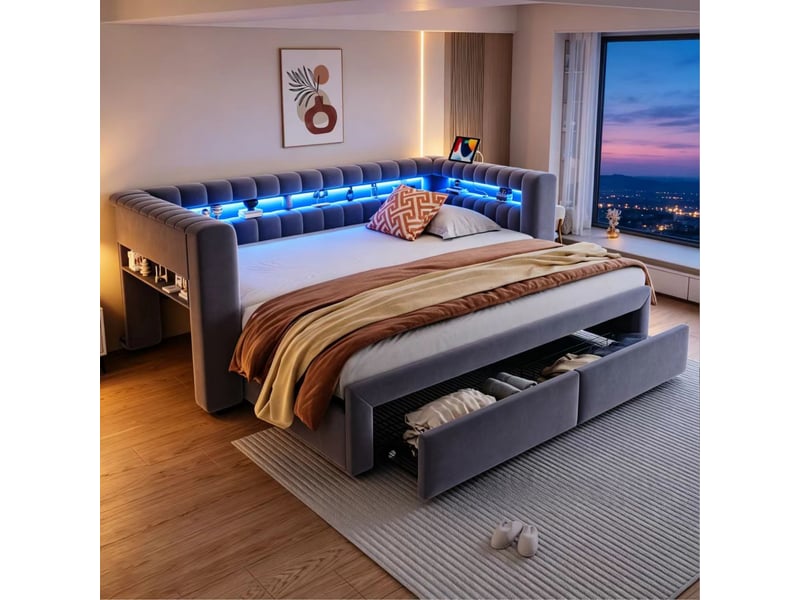  Lit gigogne 90x190 cm -  2 tiroirs - led usb-c - lit banquette 1 place convertible 180x190 cm- gris  - Conforama R