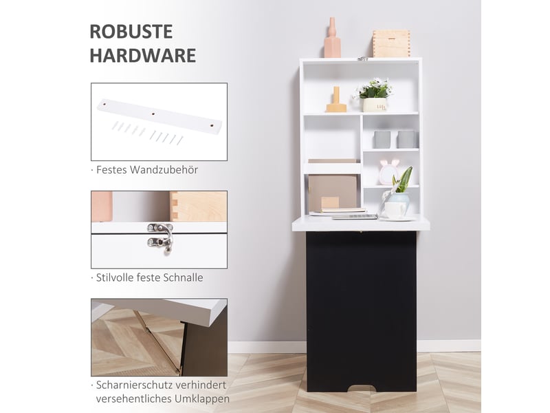 Bureau mural rabattable 60x94,5x147 cm avec 5 niches et tableau blancnoir, gain de place  - Conforama D