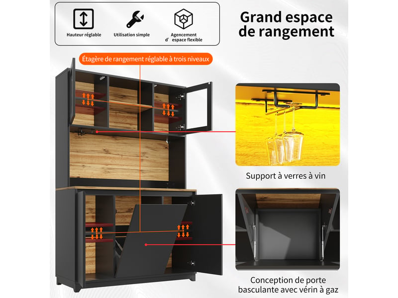 Armoires cuisine, buffet 120x40x180 cm, haut vaisselier avec éclairage led, de rangement meuble d'appoint avec plans de travail  - Conforama E