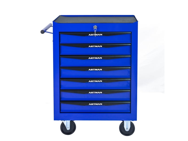  Boîte à outils à 7 tiroirs - noir &amp; bleu - acier - 24.6 kg - roues pivotantes - verrouillage à clé 52.4x33x65.6cm - Conforama A