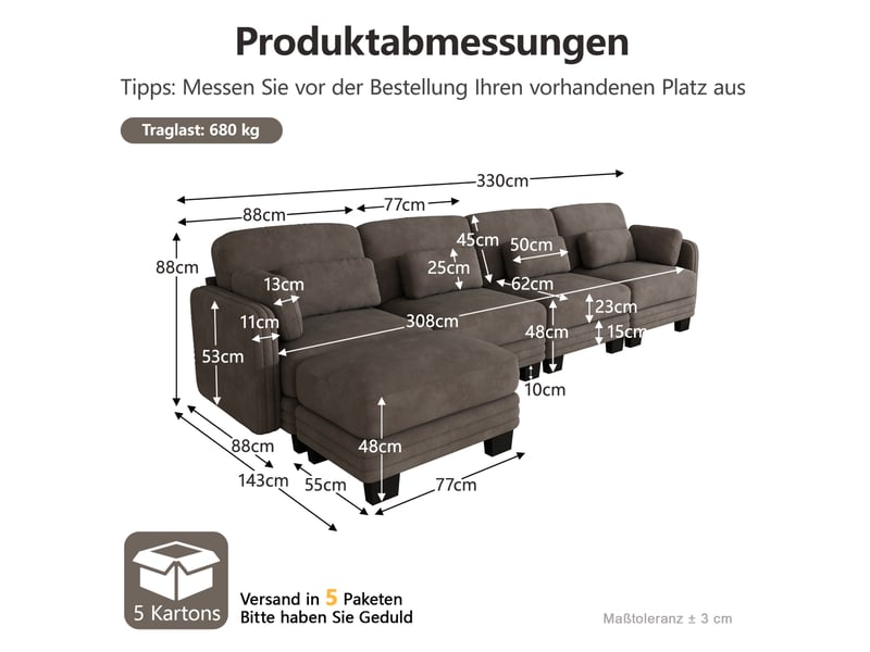 Canapé d’angle modulable 4 places 330x143x88 cm, design ergonomique, coussins inclus, avec pouf, tissu en chenille, marron  - Conforama C