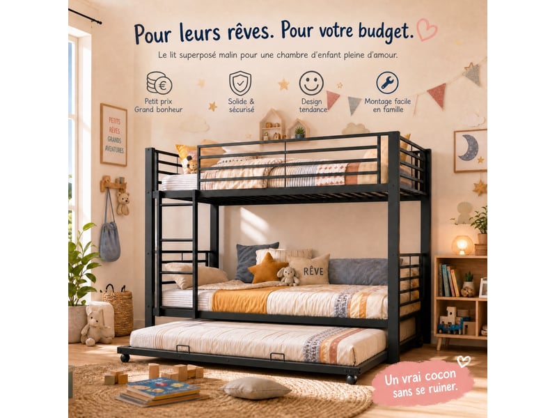  Lit superposé enfant en métal 90 x 200 cm avec lit gigogne 90 x 190 cm, noir  - Conforama D