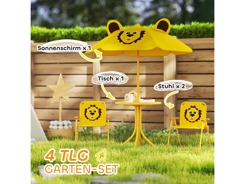  Ensemble de mobilier de jardin pour enfants, chaises, table, parasol, motif lion, jaune  - Conforama E