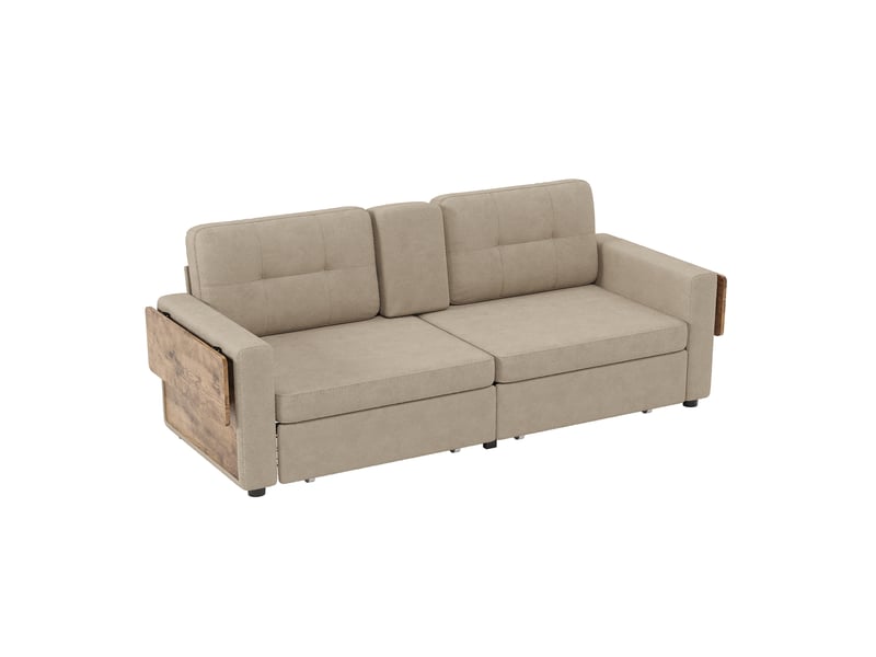  Canapé 2 places en chenille avec rangement intégré, table d’appoint réglable et porte-gobelets - kaki  - Conforama A