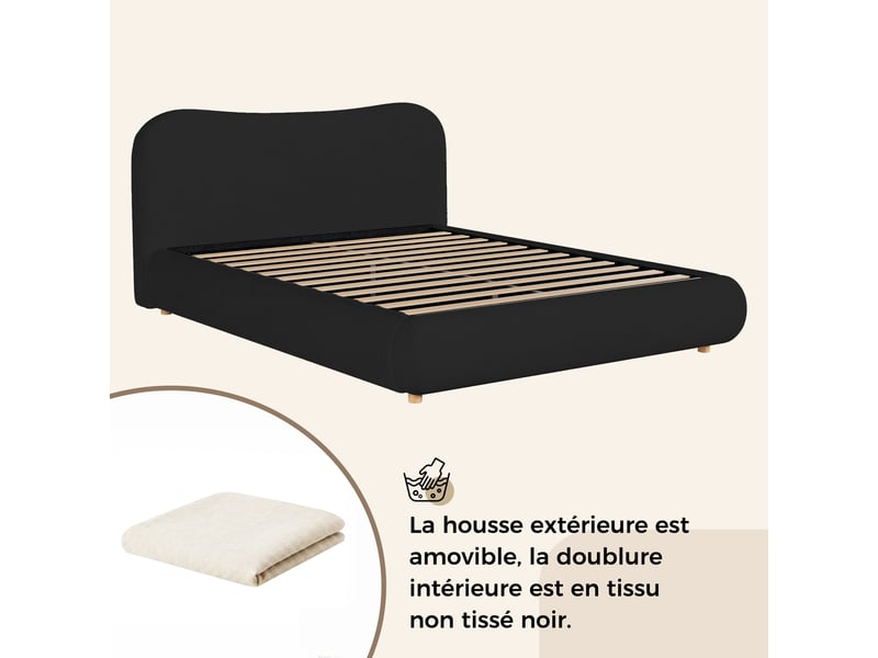  Lit rembourré, lit double, 160 x 200 cm, sommier à lattes, tête de lit rembourrée avec grand espace de rangement, pieds de lit en bois massif, revêtement en chenille beige  - Conforama E