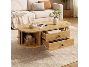 Table basse 100x50 cm en mdf avec portes coulissantes et tiroirs coloris chêne chicfurn