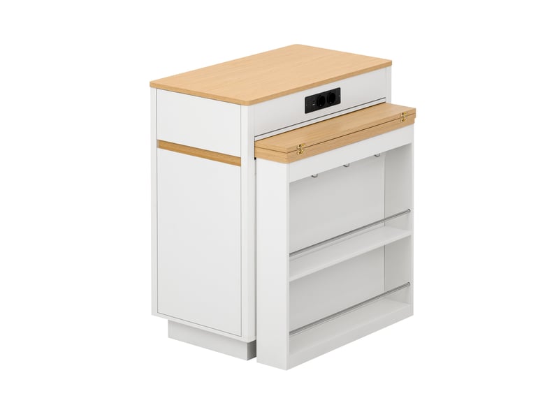 Îlot de cuisine mobile - 80,5x58x94 cm blanc et bois naturel - meuble de cuisine extensible avec prises, led et haken - Conforama A
