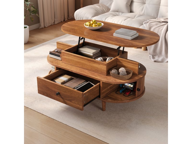  Table basse ovale relevable 105x50x60,5cm, mécanisme hydraulique, rangement caché, 2 niches, 1 grand tiroir, 2 portes coulissantes, mdf ABC - Conforama E