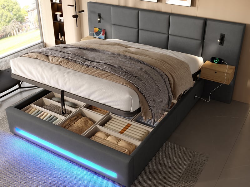  Lit rembourré 160x200, avec tête velours, tiroirs, led, usb-c, coffre hydraulique, structure métallique, gris  - Conforama B