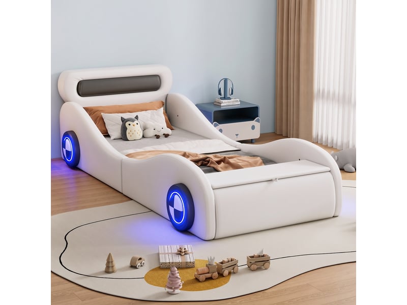 Lit voiture enfant 90x200 cm, lit simple rembourré avec 4 roues led via appli, rangement au pied, protection rembourrée, pu blanc et mdf  - Conforama C
