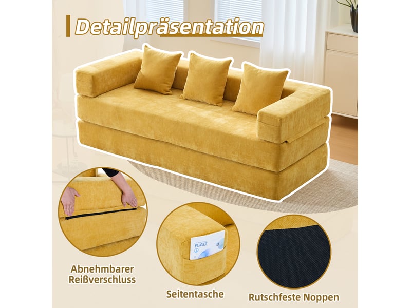 Canape modulaire 2 places 198x79x60 cm – jaune moutarde – tissu chenille avec rangements lateraux - Conforama E
