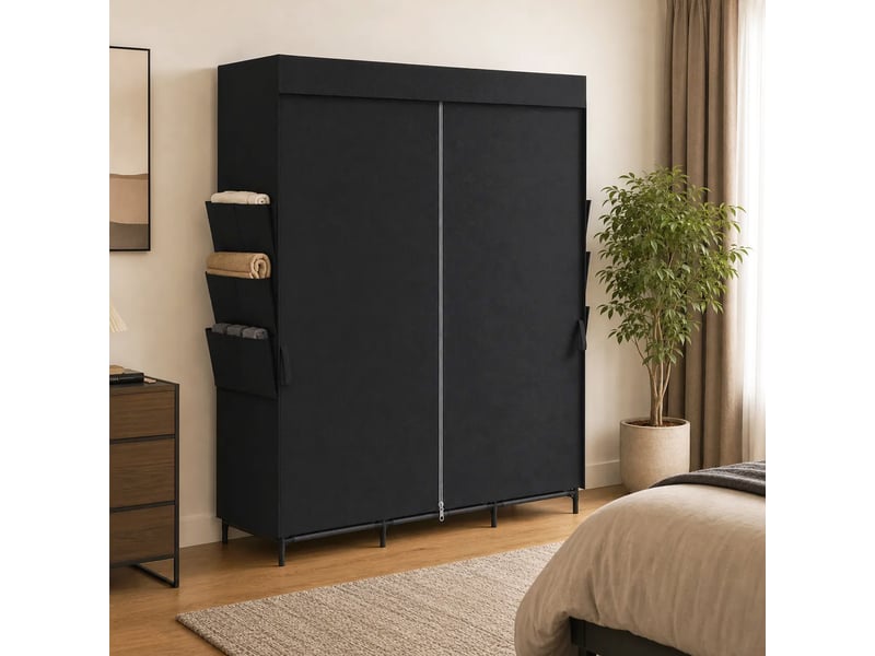  Armoire gain de place en tissu avec 3 tringles, 3 étagères, 6 poches latérales, portes anti-poussière zippées, noire  - Conforama D